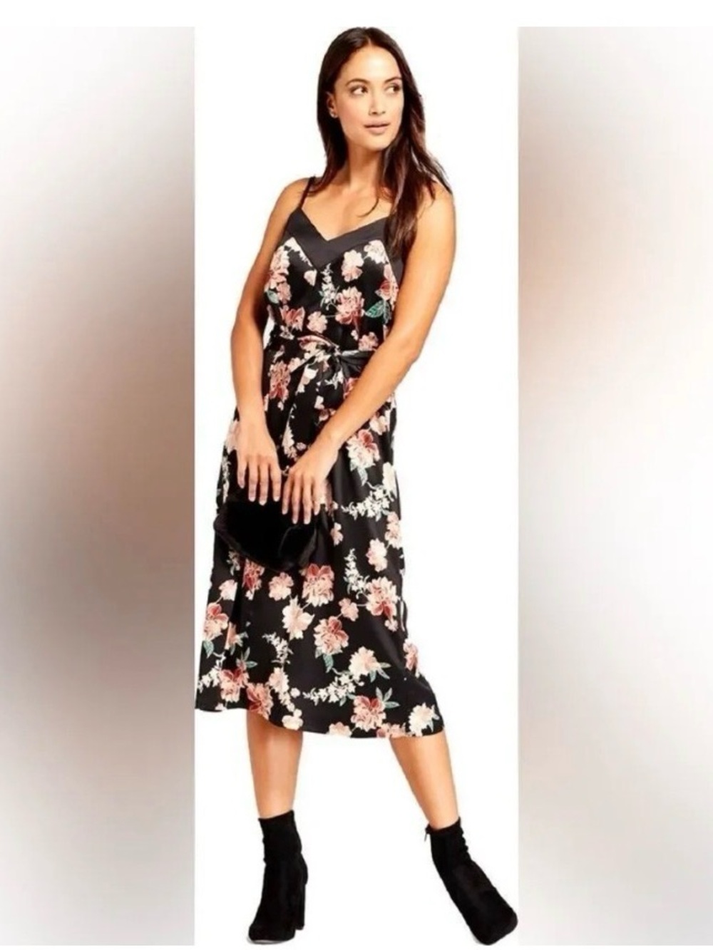a new day Black Floral Midi Satin Slip Dress with Pink Floral Print